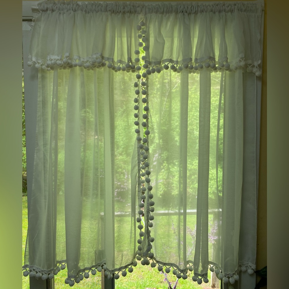 Pair Vintage Sheer White Panel Curtains Pom Pom Fringe Attached Valance 45”x45”
